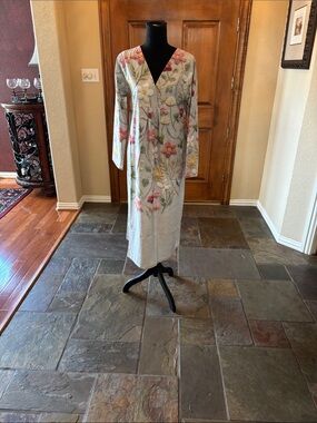 Floral Embroidered Long V-Neck Dress — Light Grey with Pink & Green Flowers